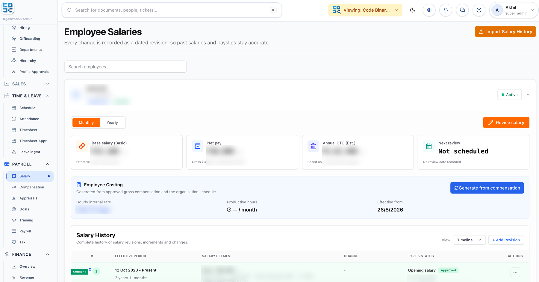 PeopleOS Payroll: salary screen
