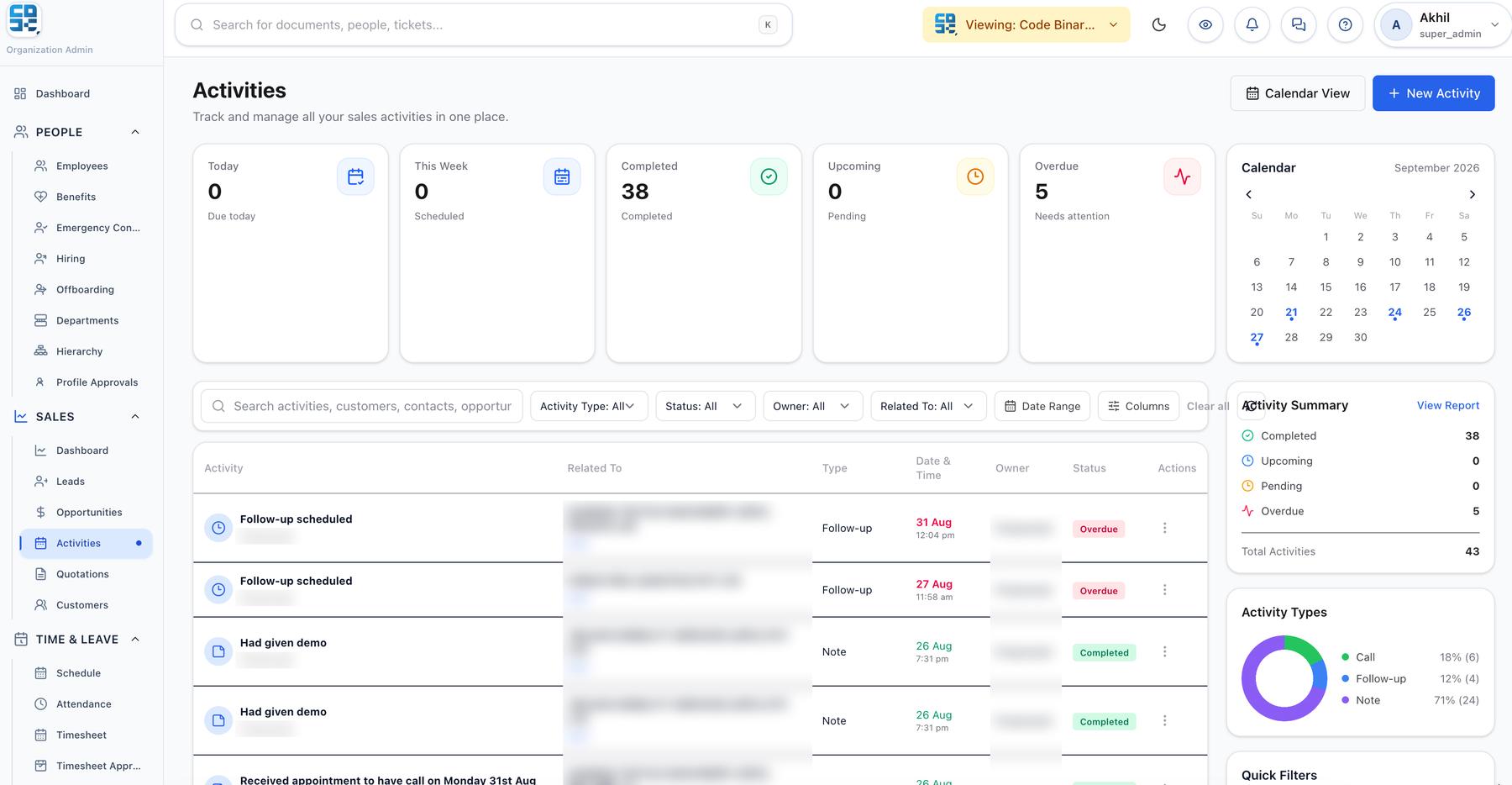 PeopleOS Sales: activities screen