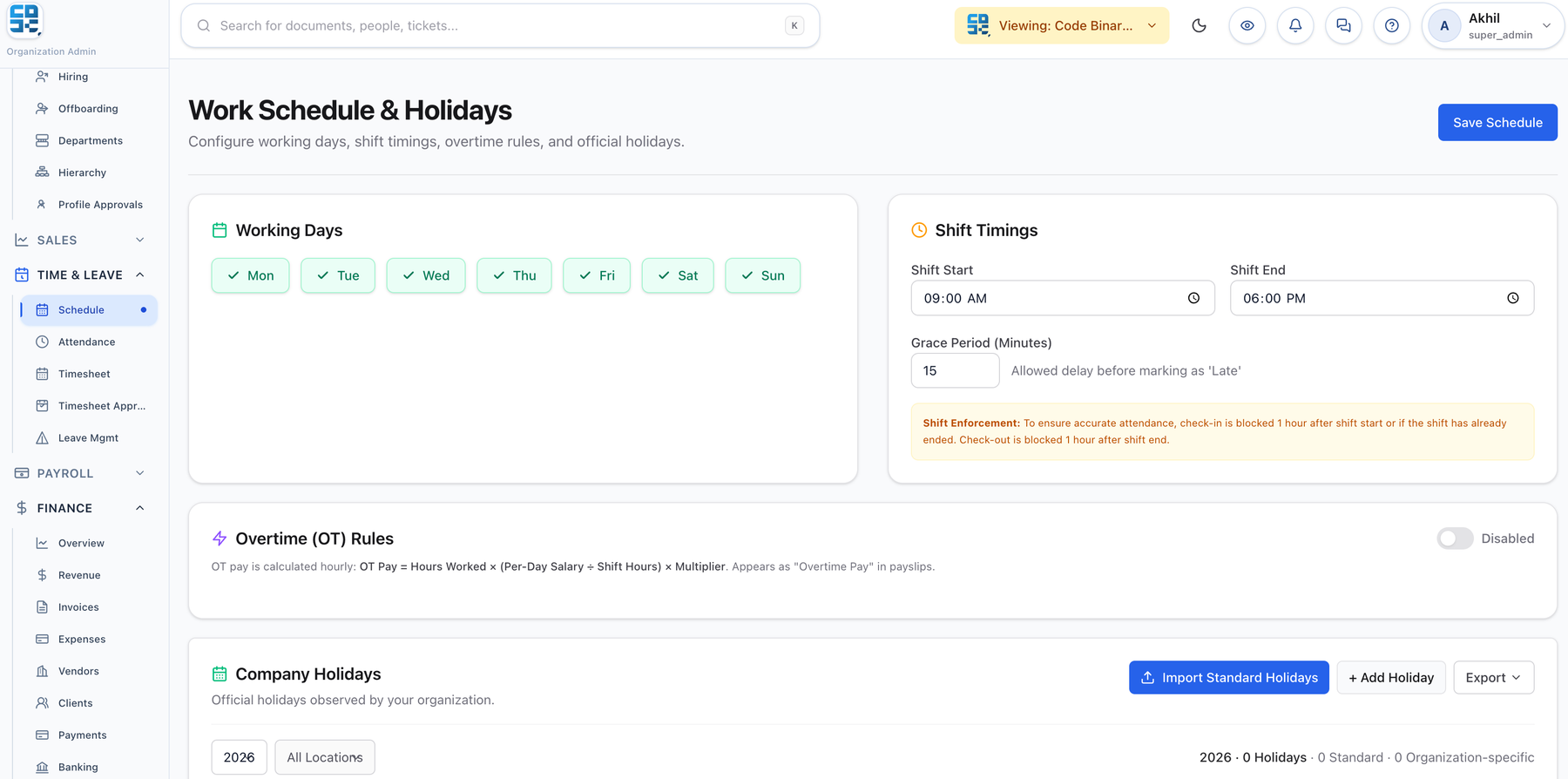 PeopleOS Time: schedule screen
