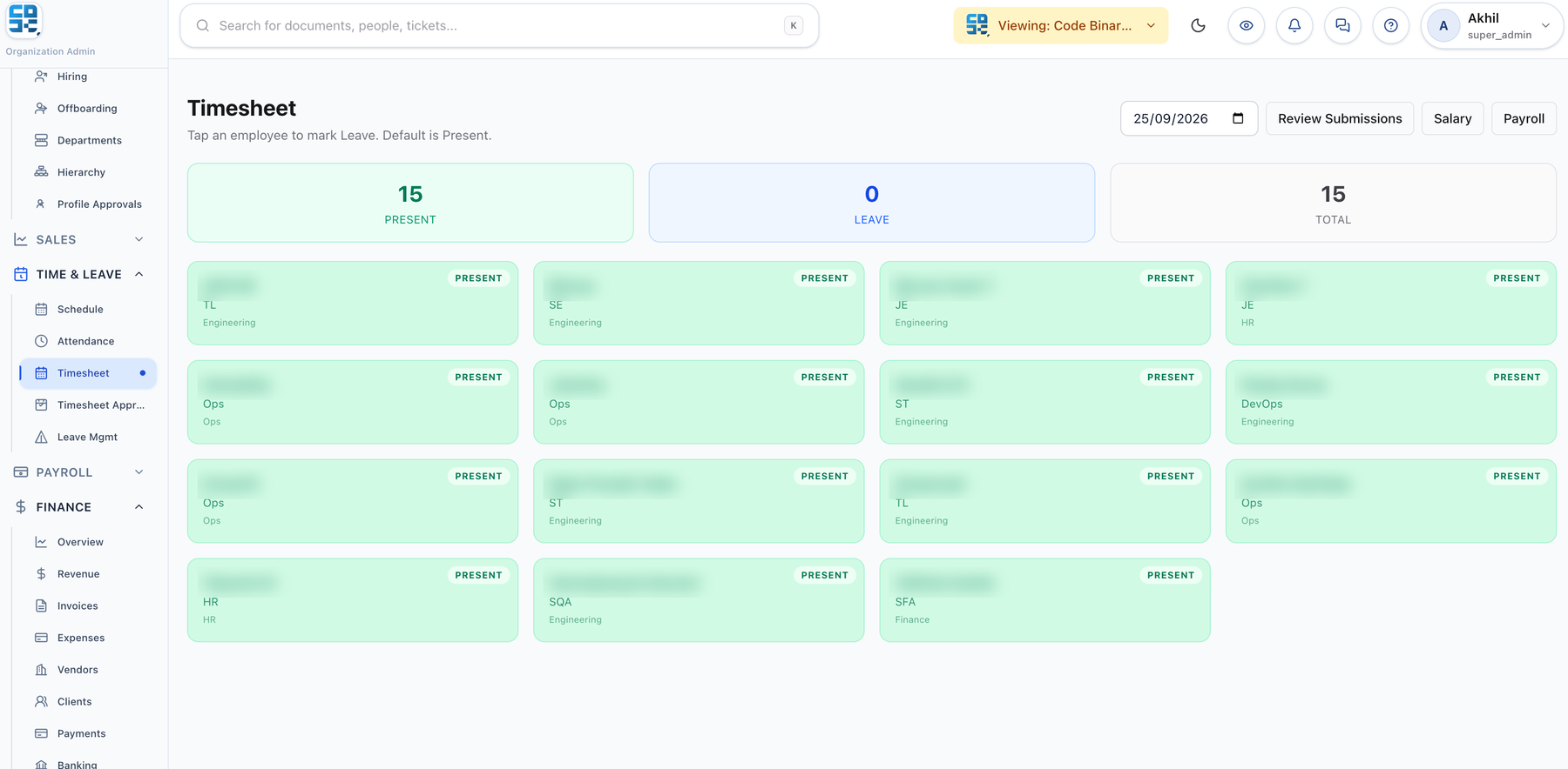 PeopleOS Time: timesheet screen